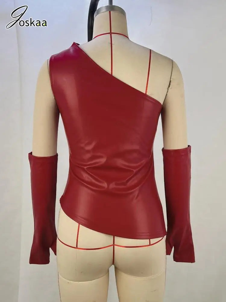 Joskaa Sexy Skew Collar Irregular Faux Leather Tank Top and Oversleeve Matching Women Clothes Autumn Fashion Midnight Club Tops