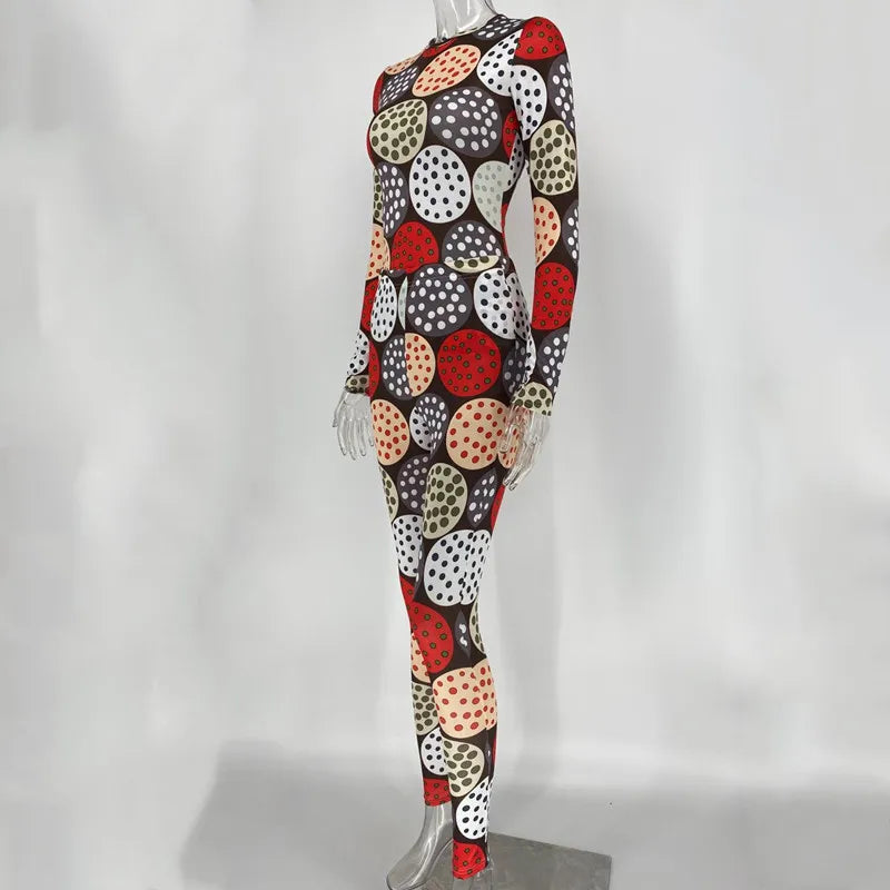 Joskaa Polka Dot Cookies Print 2020 Autumn New Colorful Two Piece Outfit Women's Long Sleeve Blouse Tight Hip Pants Suit