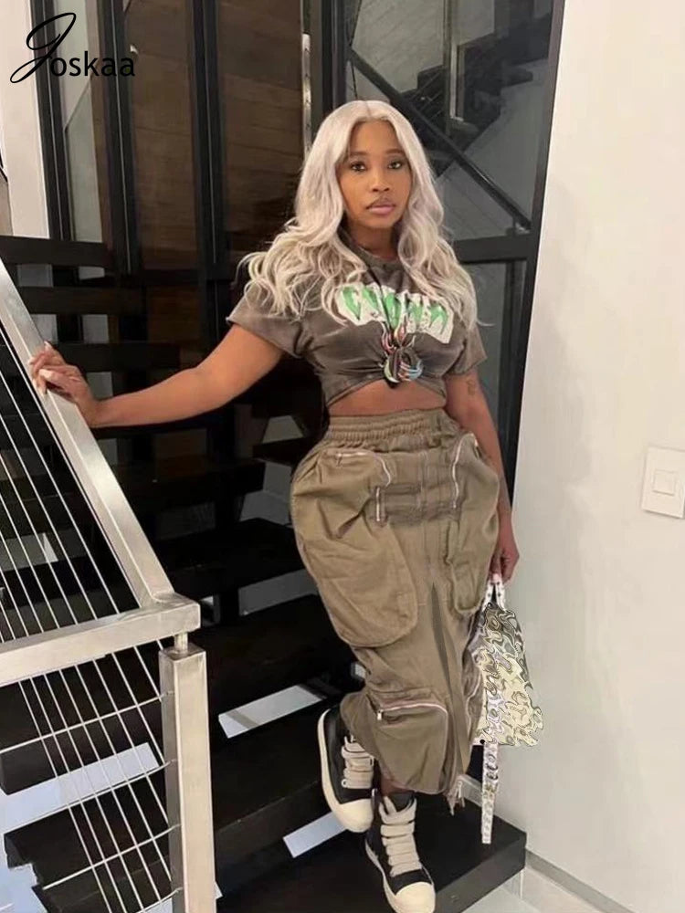 Joskaa Harajuku Cargo Skirt Women Casual Zipper Loose High Waist Long Y2k Skirt Autumn Sumemr 2023 Female Bottom Korean