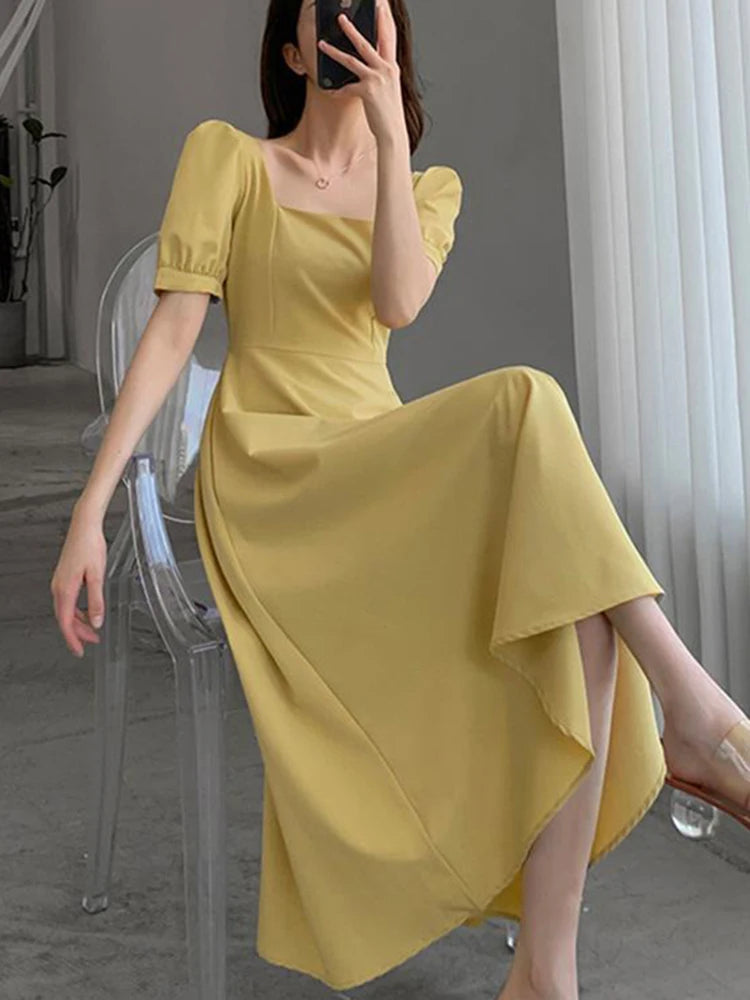 Black Long Dress Women Summer New Vintage Square Collar Dress Korean Elegant White Ins Female Puff Sleeve Vestidos