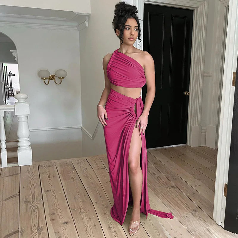 Women Summer 2 Pieces Outfits Solid Color Oblique Shoulder Sleeveless Sexy Tops Wrapped Hip High Waist Slit Long Skirts Sets