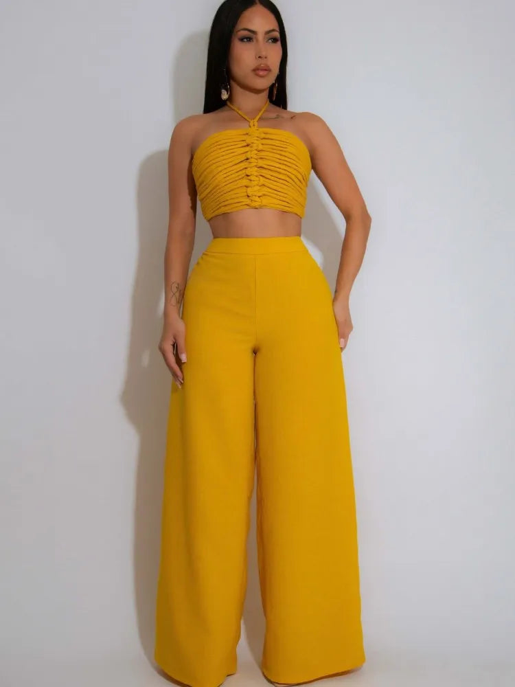 Joskaa 2025 Women 2 Piece Sets Sexy Strapless Ruched Halter Tops+High Waist Side Zip Wide Leg Pants Suits Tracksuits Streetwear