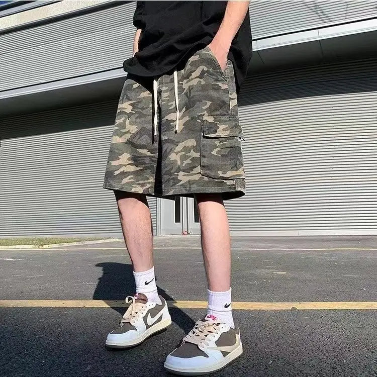 Men's New Retro Camouflage Workwear Loose High Street Pocket Straight Versatile Five-point Shorts