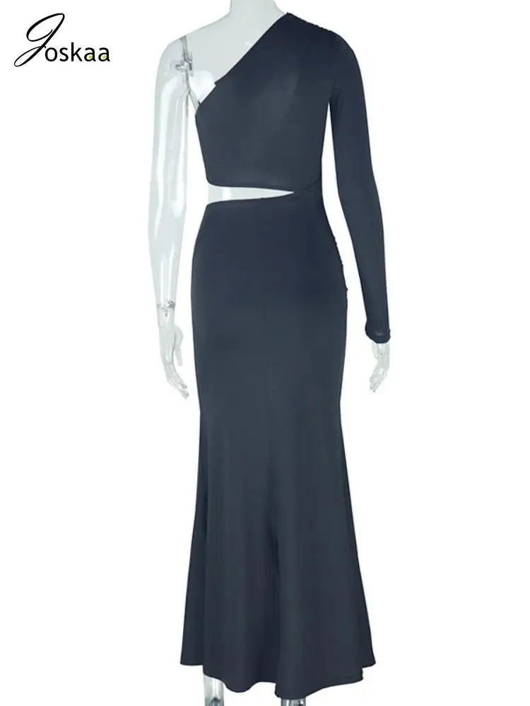 Joskaa Elegant Cutout Skew Collar Single Sleeve Body-Shaping Maxi Black Dresses for Women 2025 Spring Birthday Party Clubwear
