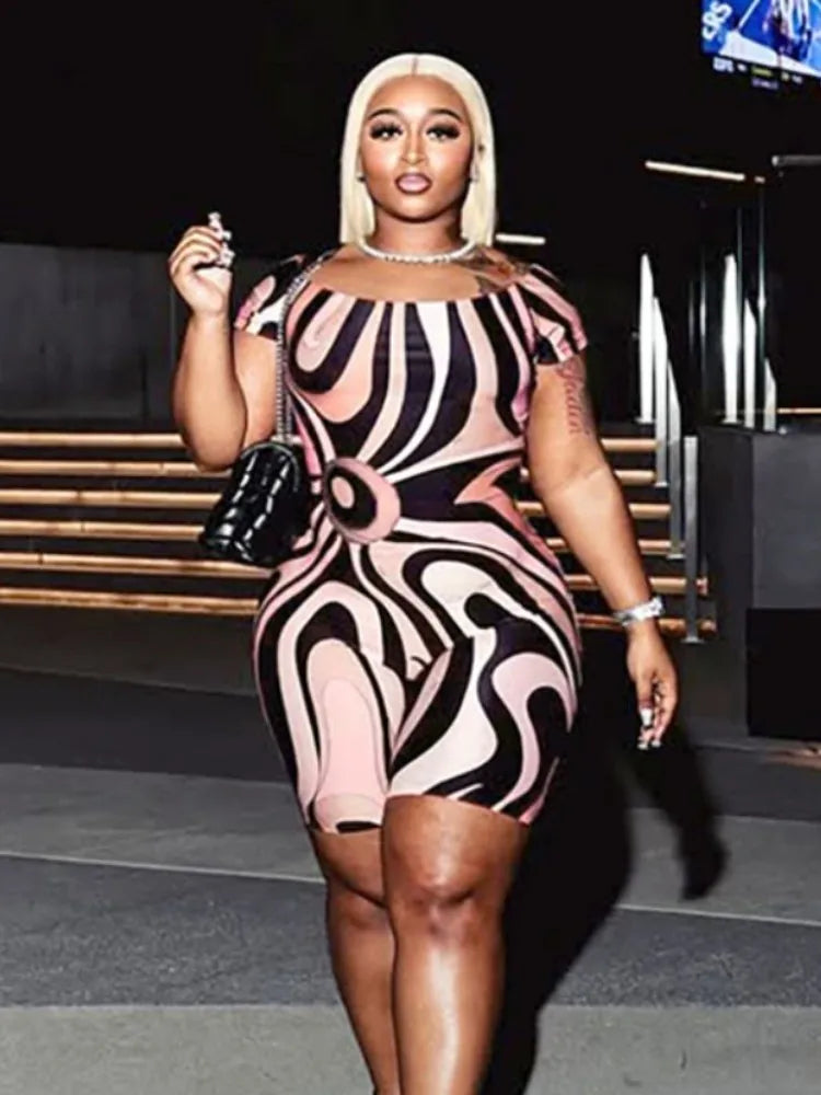 Joskaa 2025 Colorful Print Off Shoulder Short Sleeve Playsuit Women Sexy Slash Neck Stretch Skinny Workout Romper Y2K Streetwear