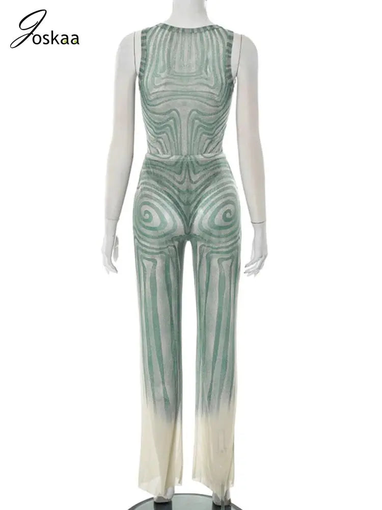 Joskaa 2025 Summer Women's Geometric Print 2 Piece Set Sexy Mesh O-Neck Bodysuits and Flared Pants Matching Holiday Streetwear