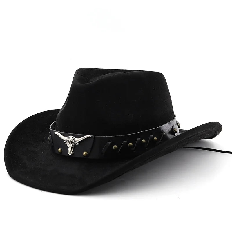 Western Cowboy Roll up Edge Large Edge Cowboy Hat Bull Head Accessories Imitation Leather Velvet Jazz Hat Riding Felt Hat