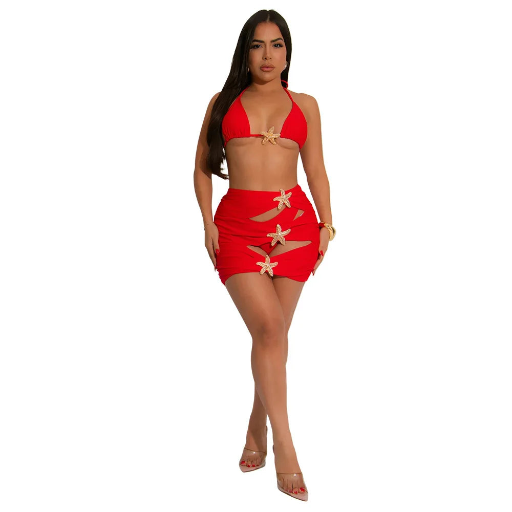 Joskaa Sexy Bikini 3 Piece Sets Women Bra+Briefs+Hollow Mini Skirt Matching Swimsuit 2025 Summer Bathing Suit Holiday Beachwear