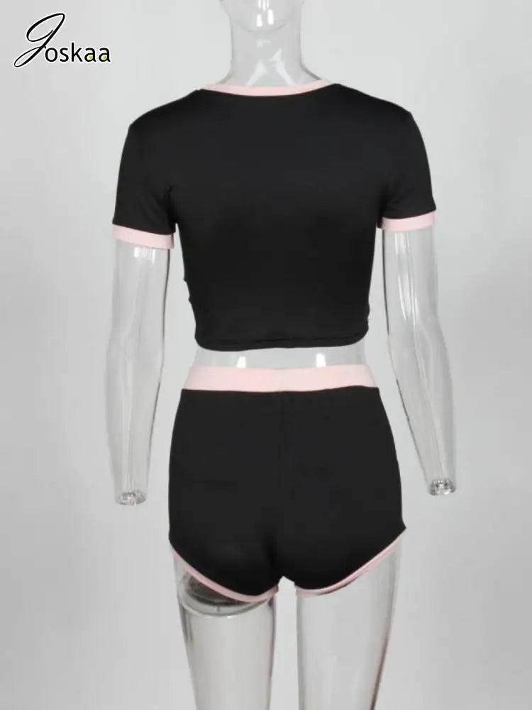 Joskaa Letter Print Sporty 2 Piece Set Women Hipster O-Neck Short Sleeve Crop Tops and Shorts Matching Tracksuits Y2K Streetwear
