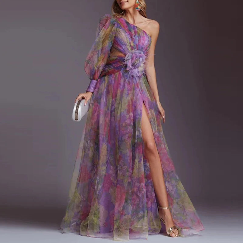 Women Elegant Split Hollow Party Dress Fashion Contrast Print Mesh Maxi Dress Sexy One Shoulder Long Sleeve Irregular Long Dress