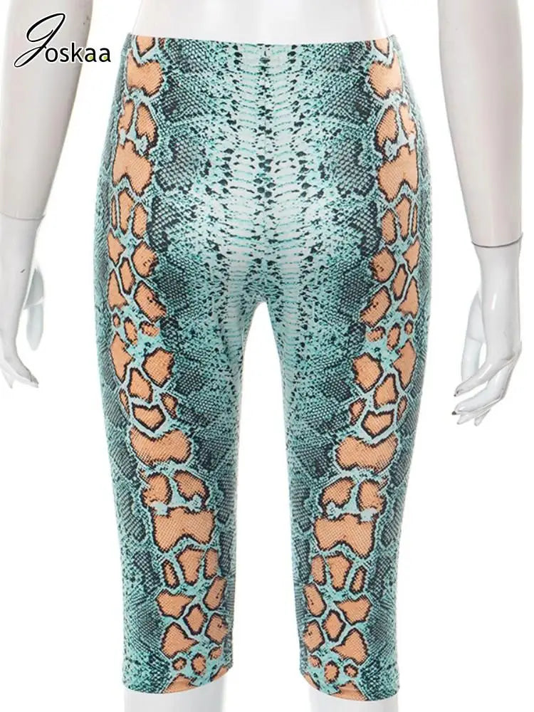 Joskaa Snake Print Knee Length Pants Women Hipster Sexy Elastic Waist Slim Shorts 2025 Summer Party Club Bottoms Y2K Streetwear