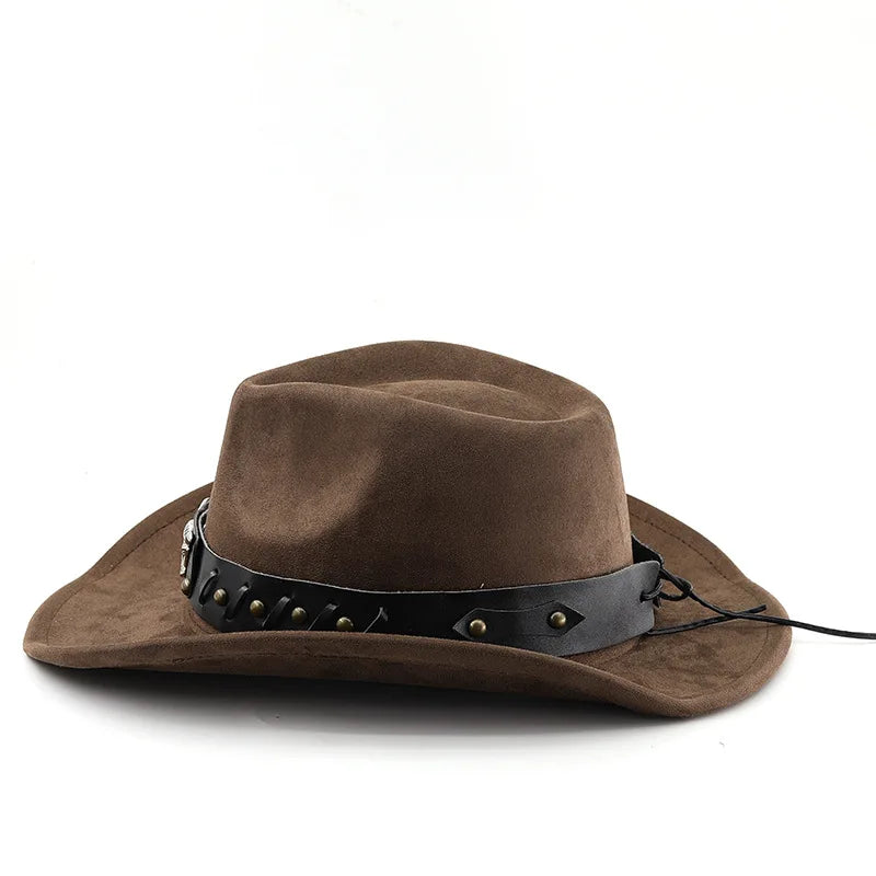 Western Cowboy Roll up Edge Large Edge Cowboy Hat Bull Head Accessories Imitation Leather Velvet Jazz Hat Riding Felt Hat