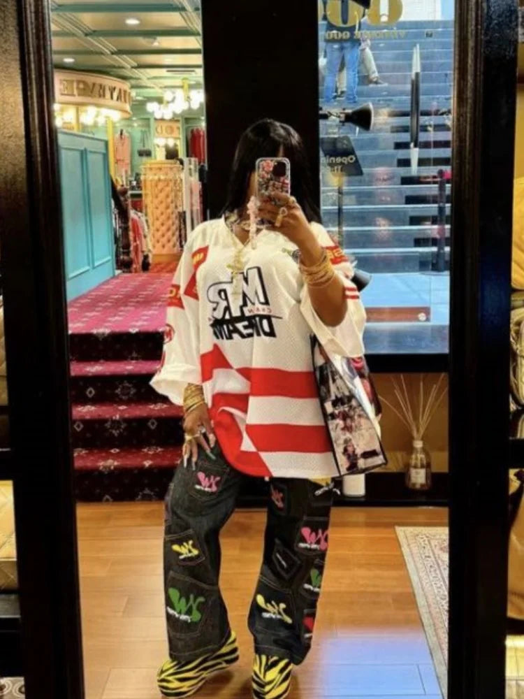 Joskaa Contrast Letter Print Oversized White T-Shirt Women Hipster V-Neck Long Sleeve Loose Top 2024 Comfortable Tees Streetwear