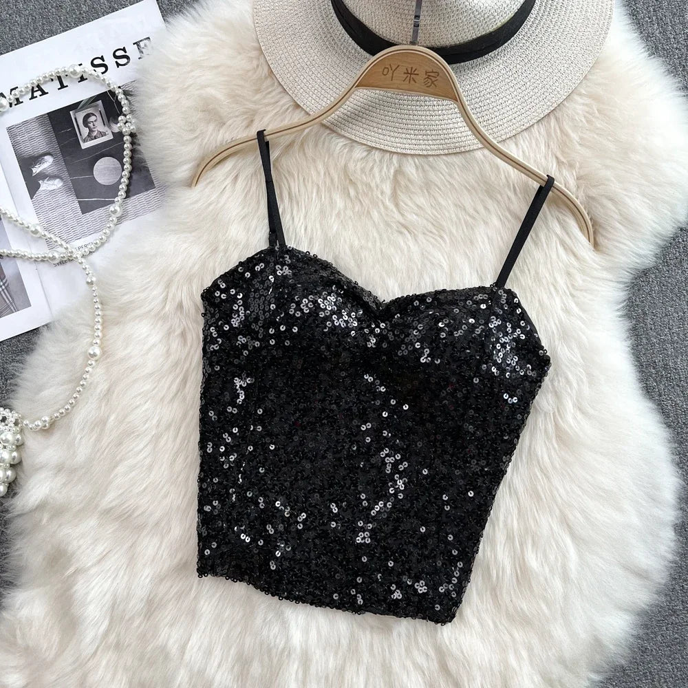 Summer Women Design Off Shoulder Tank Tops With Bra Pad Sequin Elastic Pleated Patchwork Crop Tops Backless New All-match Camis