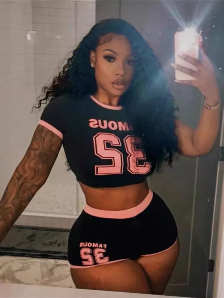 Joskaa Letter Print Sporty 2 Piece Set Women Hipster O-Neck Short Sleeve Crop Tops and Shorts Matching Tracksuits Y2K Streetwear
