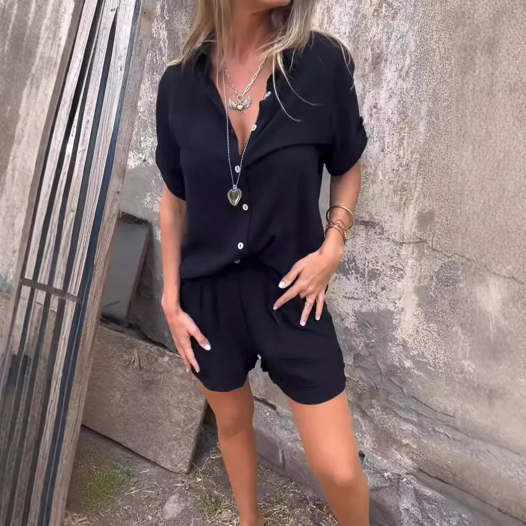 2025 Summer Women's Fashion Elegant Shorts Short Sleeve Two-Piece Set Casual Commuter Loose Button Shirt Tops And Shorts Set