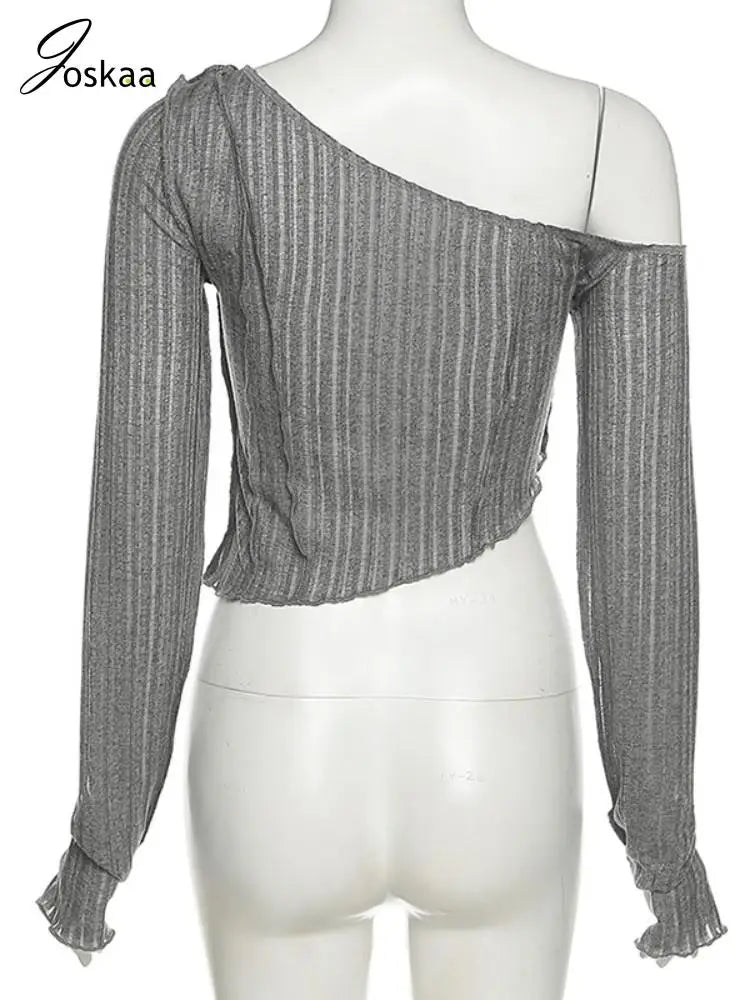 Joskaa Solid Oblique Shoulder Long Sleeve Irregular T-Shirt Women Hipster Sexy Crop Tops 2024 Spring Fashion Slim Tees Clubwear