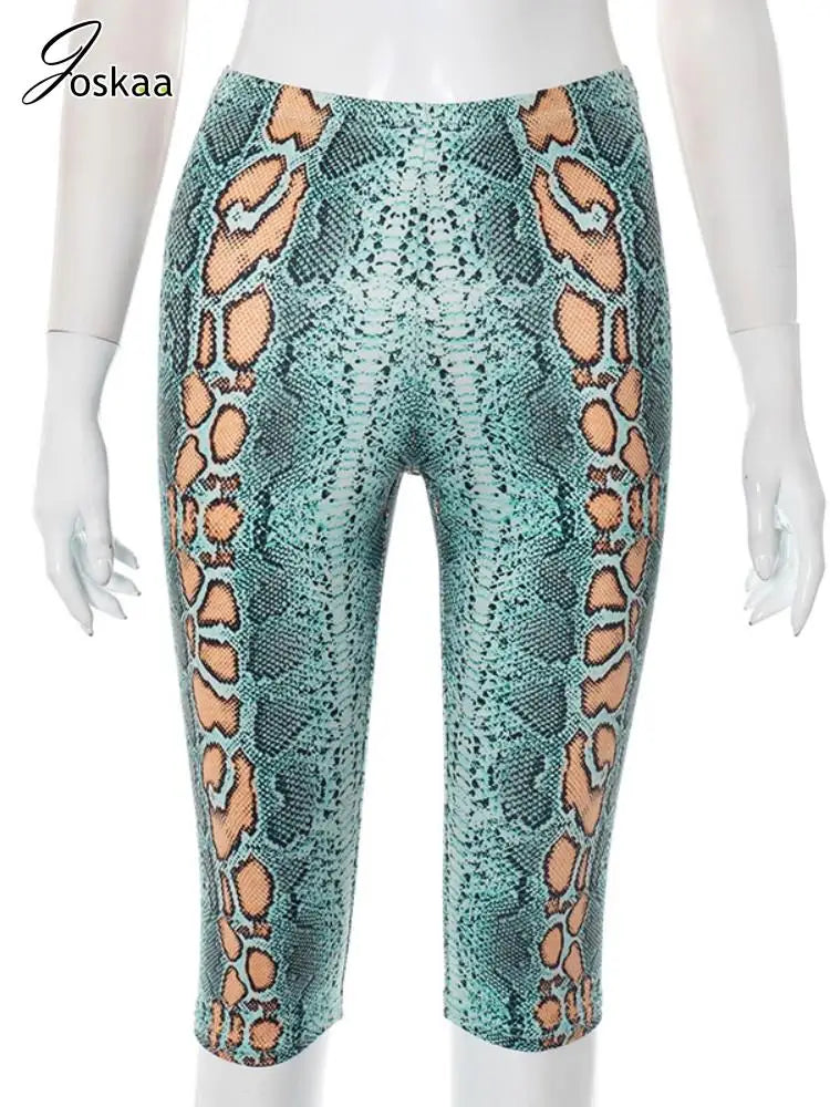 Joskaa Snake Print Knee Length Pants Women Hipster Sexy Elastic Waist Slim Shorts 2025 Summer Party Club Bottoms Y2K Streetwear