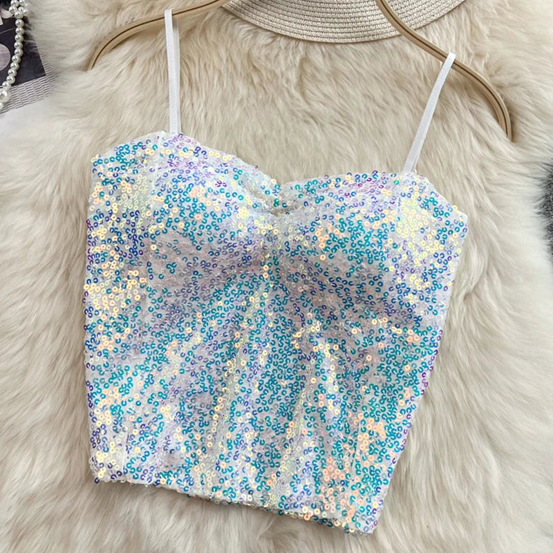 Summer Women Design Off Shoulder Tank Tops With Bra Pad Sequin Elastic Pleated Patchwork Crop Tops Backless New All-match Camis