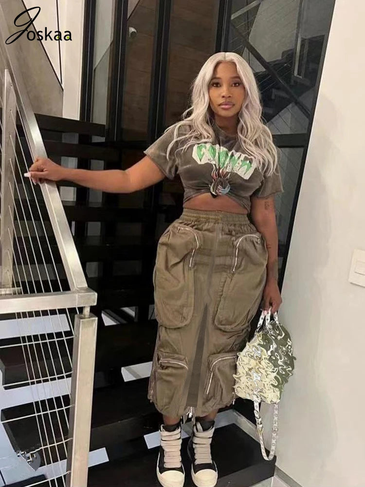 Joskaa Harajuku Cargo Skirt Women Casual Zipper Loose High Waist Long Y2k Skirt Autumn Sumemr 2023 Female Bottom Korean