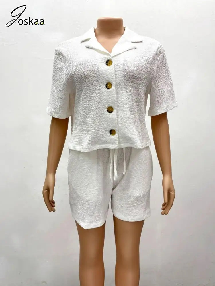 Joskaa Casual 2 Piece Set Women Concise Short Sleeve Button Shirts and Drawstring Shorts Matched 2025 Summer Vacation Streetwear