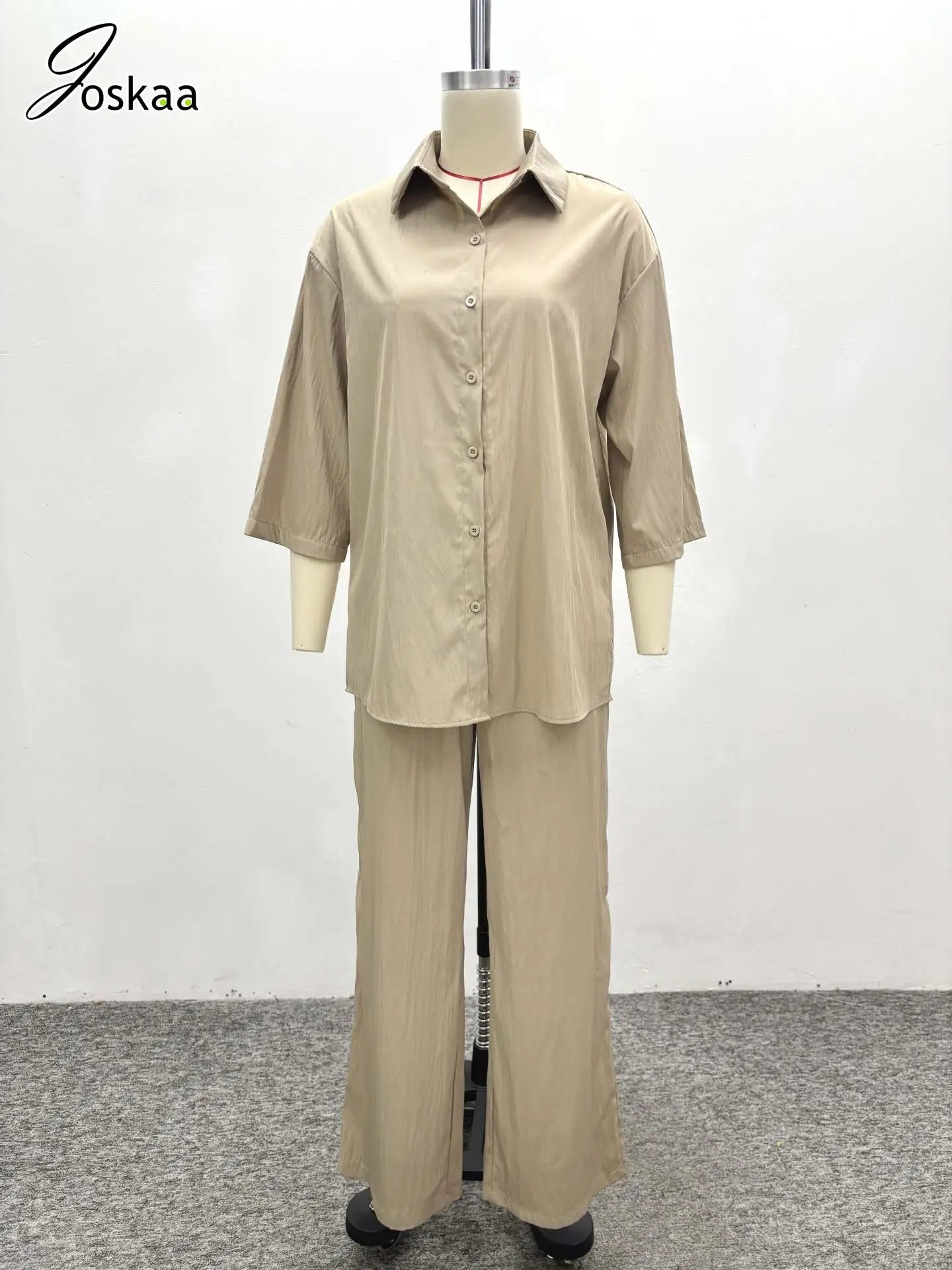 Joskaa Women's 2025 Khaki Two Piece Set Casual Lapel Short Sleeve Button-Down Shirt+Tie-Waist Pants Matching Streetwear S-XXL