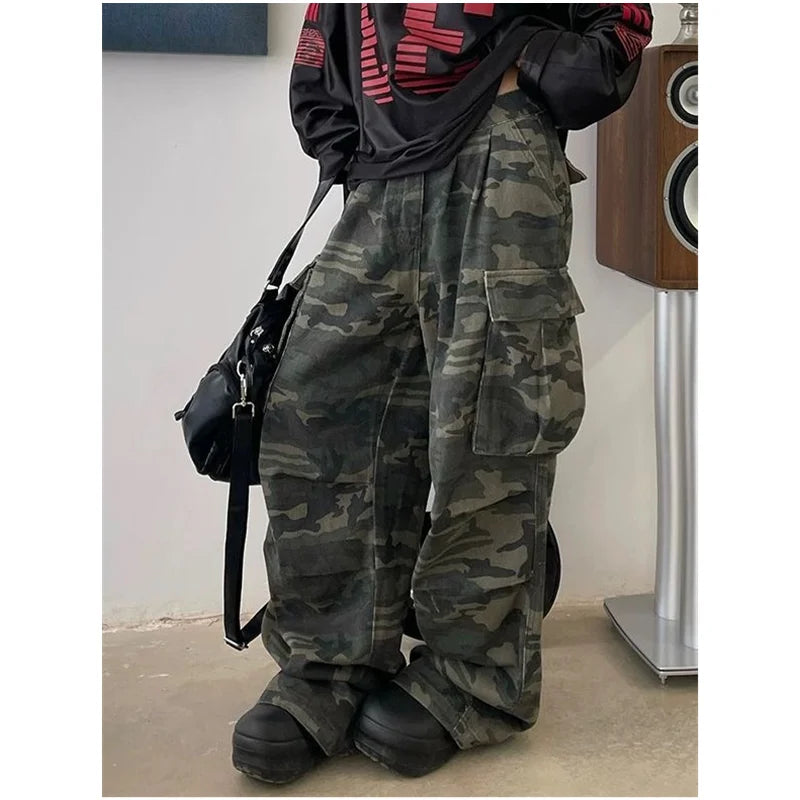 Military Green Womens Jeans High Waist Vintage Straight Baggy Y2K Denim Pants Hip Hop American Fashion Wide Leg Denim Trouser