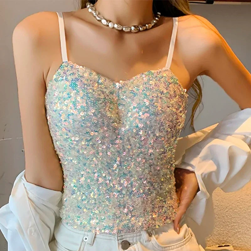Summer Women Design Off Shoulder Tank Tops With Bra Pad Sequin Elastic Pleated Patchwork Crop Tops Backless New All-match Camis
