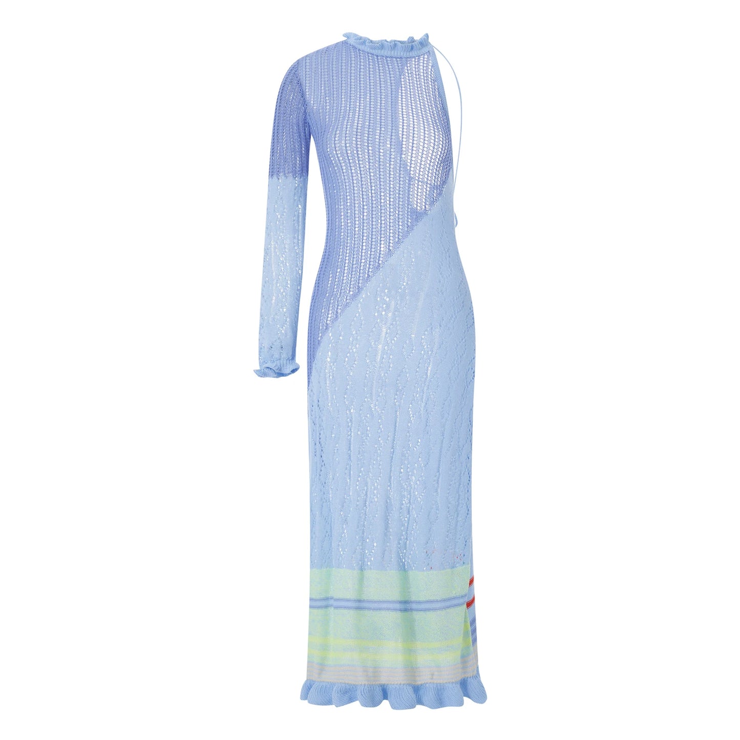 Contrast Color Hollow-Out Knit Beach Long Dress 2023 Summer See-Through One-Shoulder Long Sleeve Halter Tie-up Cover-Ups Dress