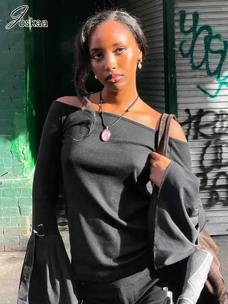 Joskaa Sexy Slash Neck Black T-Shirts Women Hipster Off Shoulder Flare Long Sleeve Tops 2025 Spring Sweet Girl Tees Streetwear