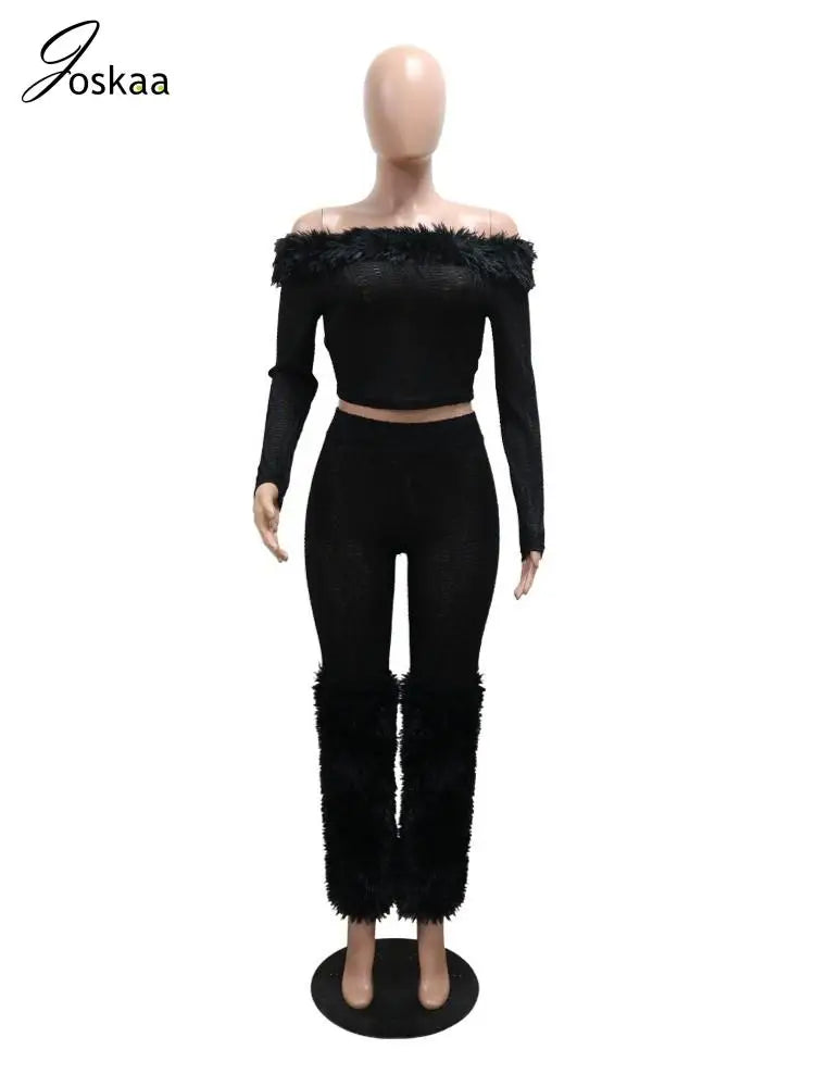 Joskaa Faux Fur Black 2Piece Sets Womens Outfits Sexy Off Shoulder Full Sleeve Crop Tops and Pants Matching 2025 Party Clubwear