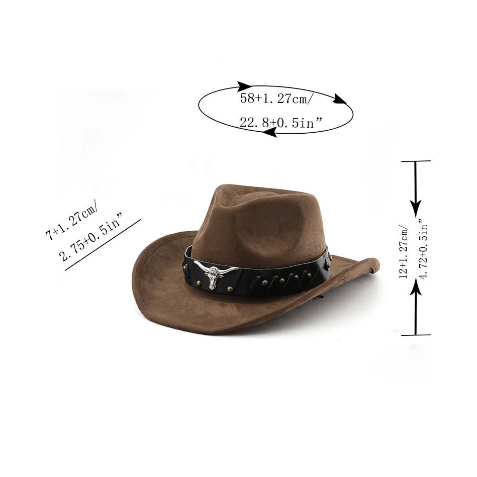 Western Cowboy Roll up Edge Large Edge Cowboy Hat Bull Head Accessories Imitation Leather Velvet Jazz Hat Riding Felt Hat