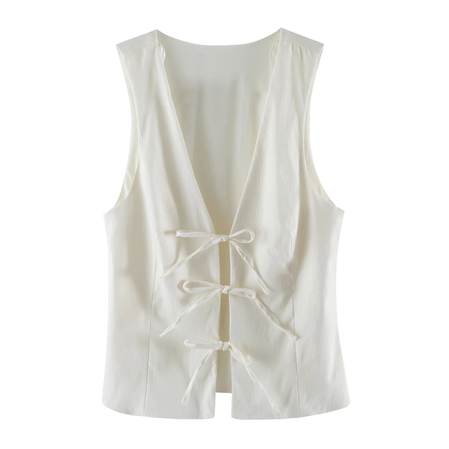TRAFZA Women Fashion Lace Up Vest V Neck Sleeveless Top Y2k Vintage Solid 2024 Female Summer Sexy Party Tank Tops