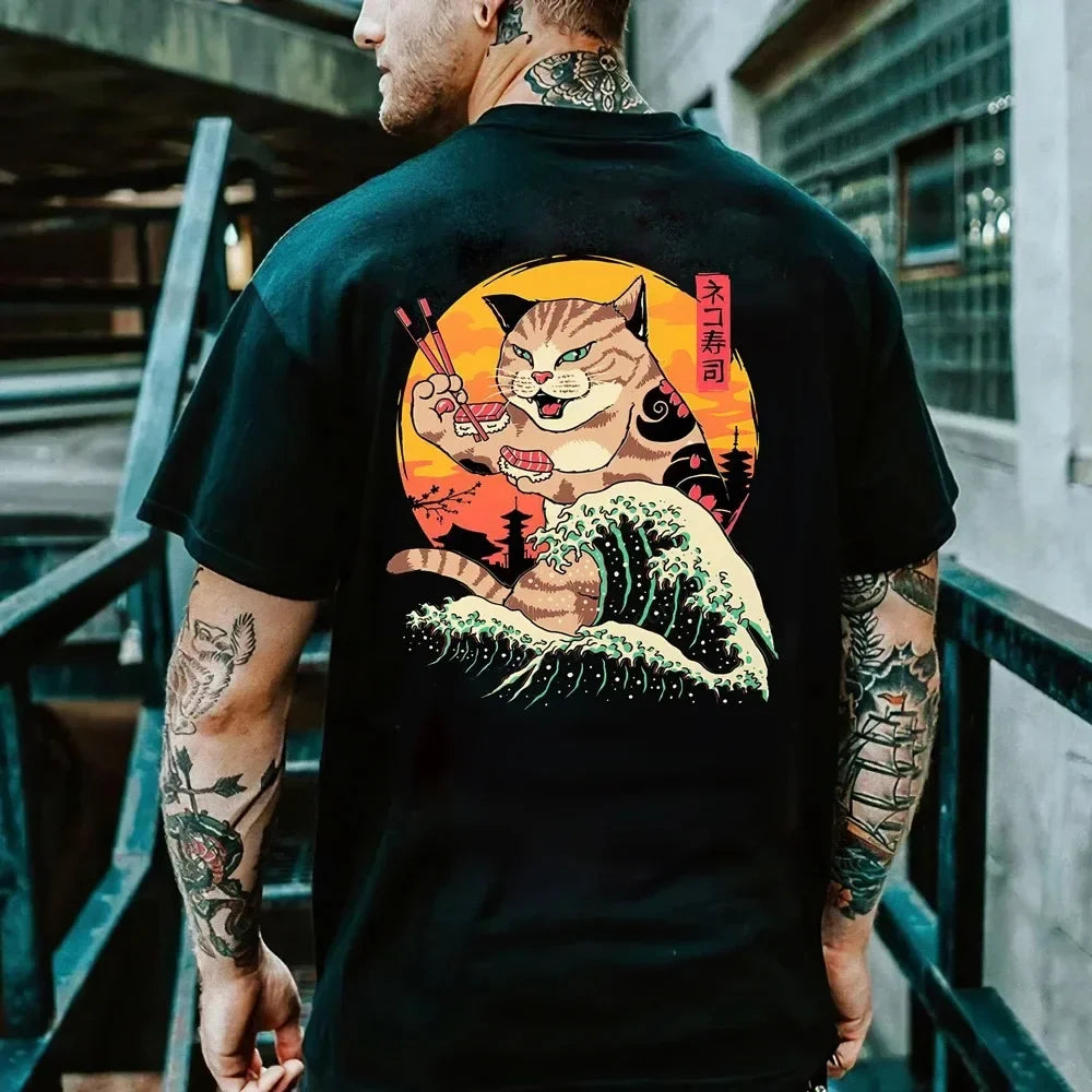 Summer Cotton Cartoon Anime Day Clothing Samurai Cat Print T-shirt Men's Hip Hop Retro Casual O Collar Loose T-shirt Men Tee Top