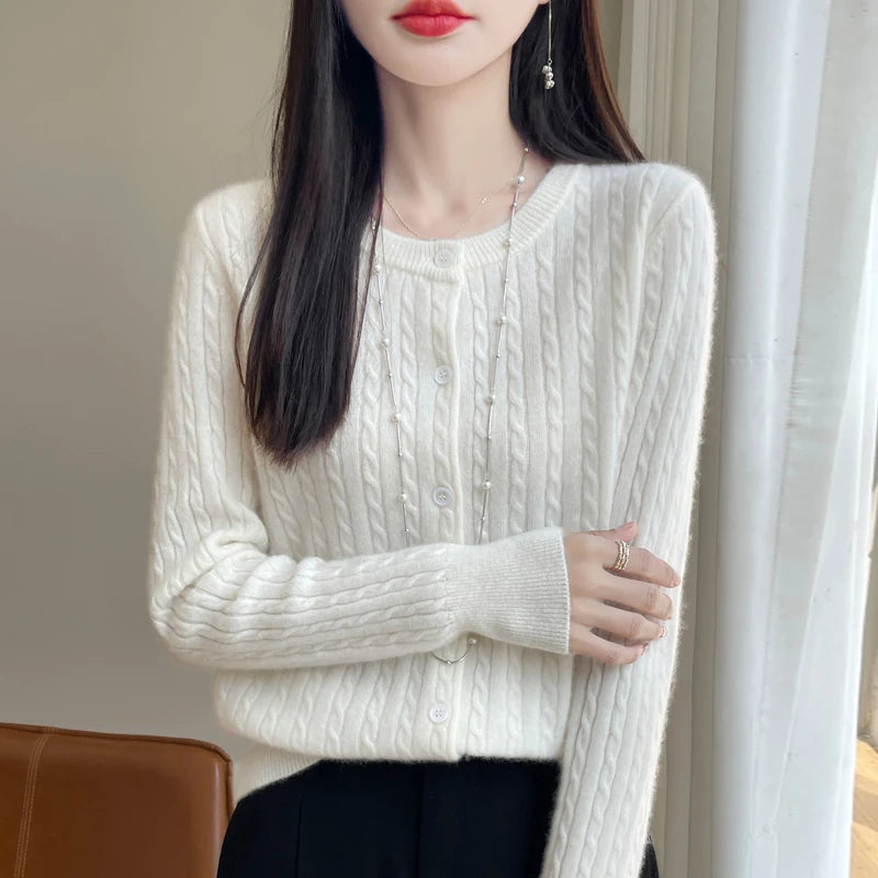 Autumn Winter O-neck Women 100% Merino Wool Sweater New Casual Cable Knitted Cardigan Tops Woman Cashmere Sweater