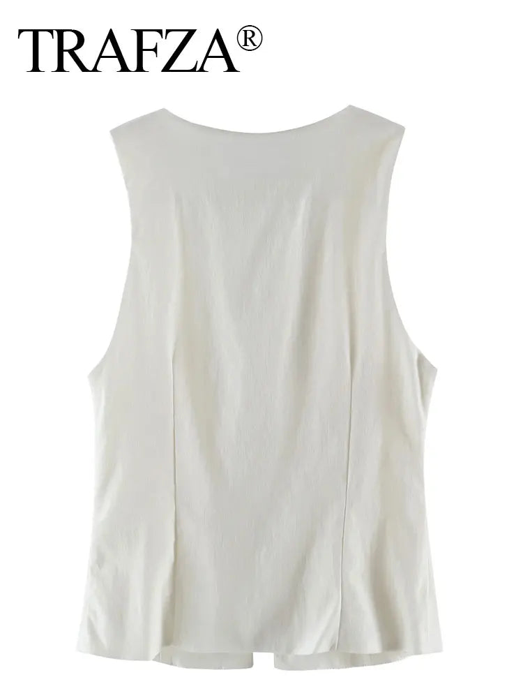 TRAFZA Women Fashion Lace Up Vest V Neck Sleeveless Top Y2k Vintage Solid 2024 Female Summer Sexy Party Tank Tops
