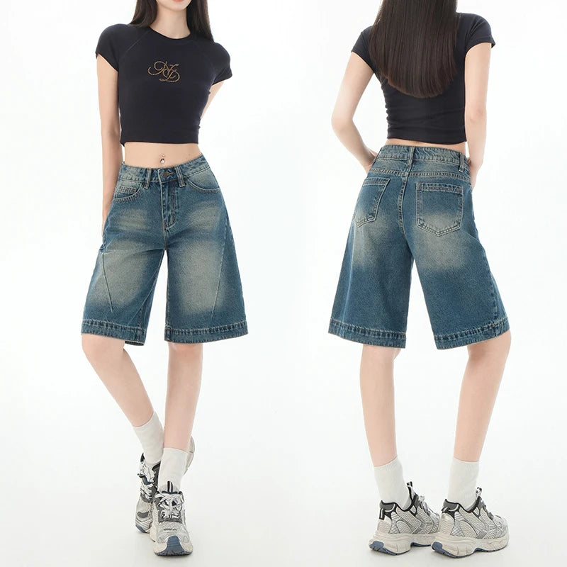 Denim Shorts Women Summer 2025 High Waist Ripped Wide Leg Loose Short Jeans Women Korean Style Fashion Half Shorts Female