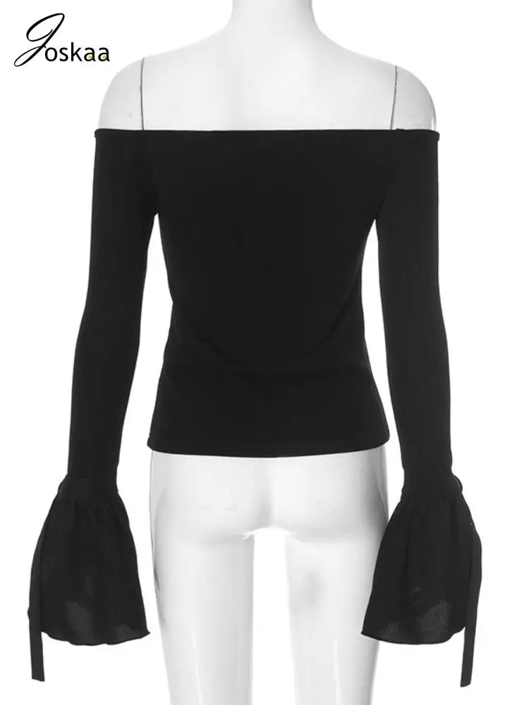 Joskaa Sexy Slash Neck Black T-Shirts Women Hipster Off Shoulder Flare Long Sleeve Tops 2025 Spring Sweet Girl Tees Streetwear