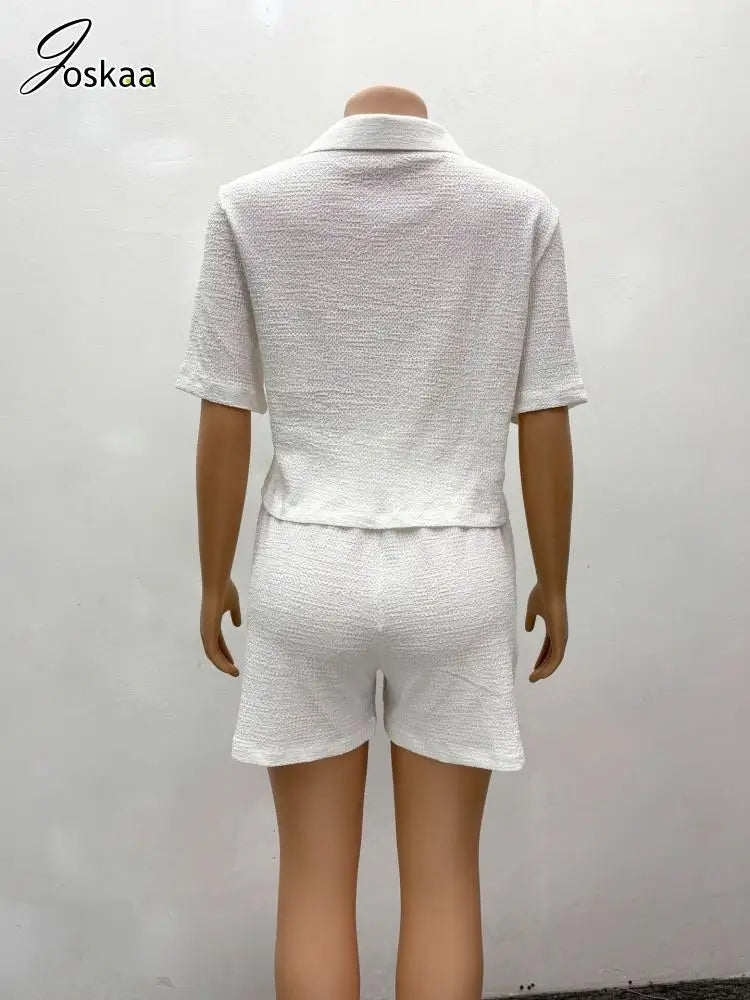 Joskaa Casual 2 Piece Set Women Concise Short Sleeve Button Shirts and Drawstring Shorts Matched 2025 Summer Vacation Streetwear