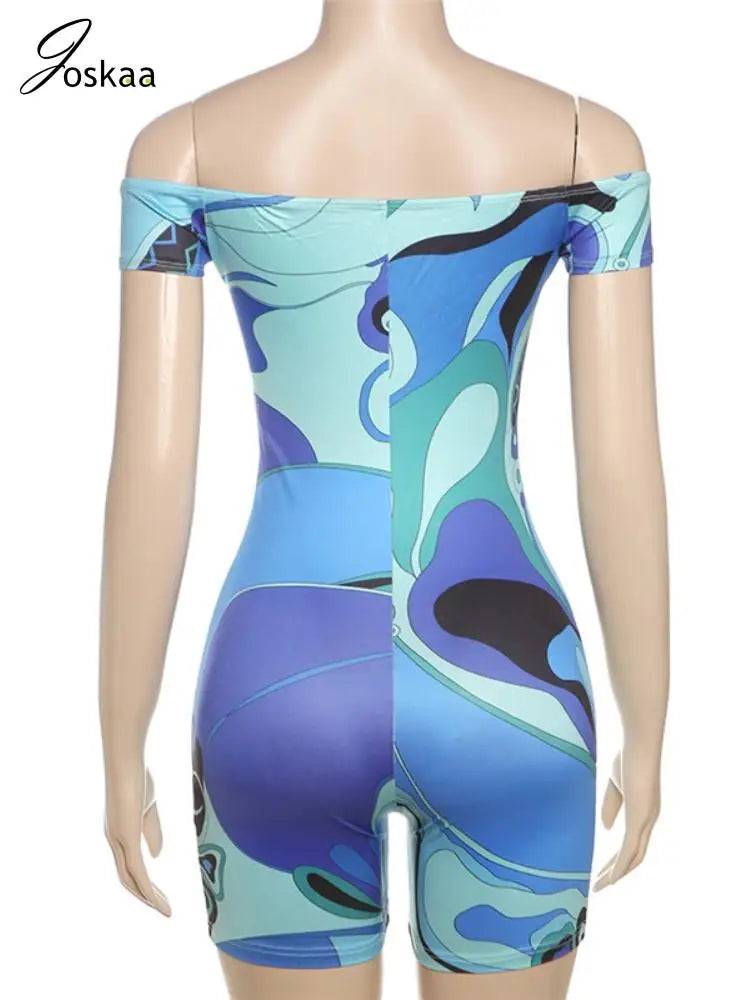 Joskaa 2025 Colorful Print Off Shoulder Short Sleeve Playsuit Women Sexy Slash Neck Stretch Skinny Workout Romper Y2K Streetwear