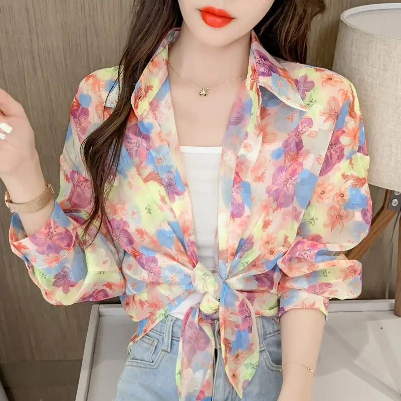 Sunscreen Clothes for Women New Summer Thin Jacket Design Niche Floral Chiffon Shirt