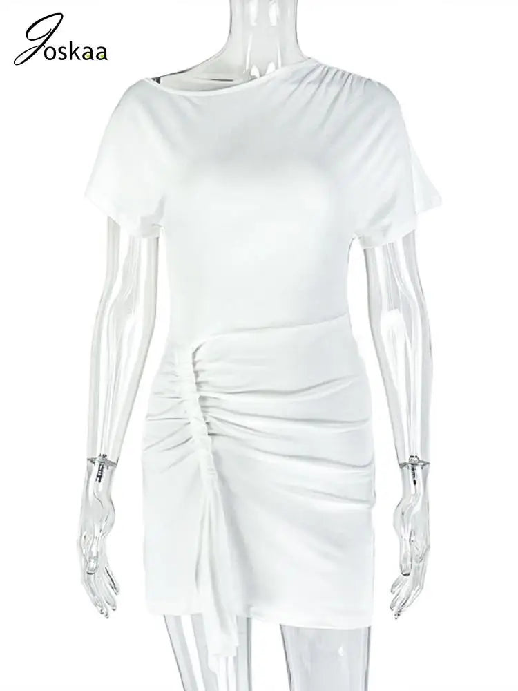 Joskaa 2025 Summer Women's Skew Collar Short Sleeve Ruched Bodycon Mini White Dress Holiday Beach Streetwear Party Clubwear