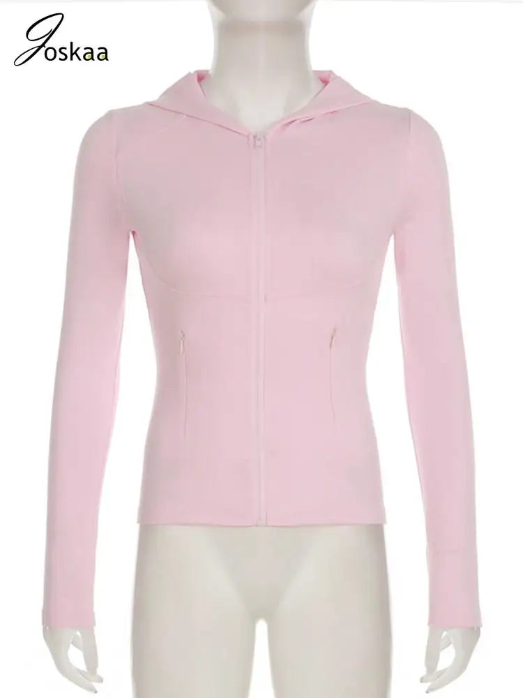 Joskaa Casual Solid Sports Fitness Running Hoodie Women Long Sleeve Zip Yoga Sweatshirts Winter Fashion T-Shirts Tops Streetwear