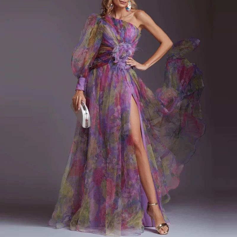 Women Elegant Split Hollow Party Dress Fashion Contrast Print Mesh Maxi Dress Sexy One Shoulder Long Sleeve Irregular Long Dress