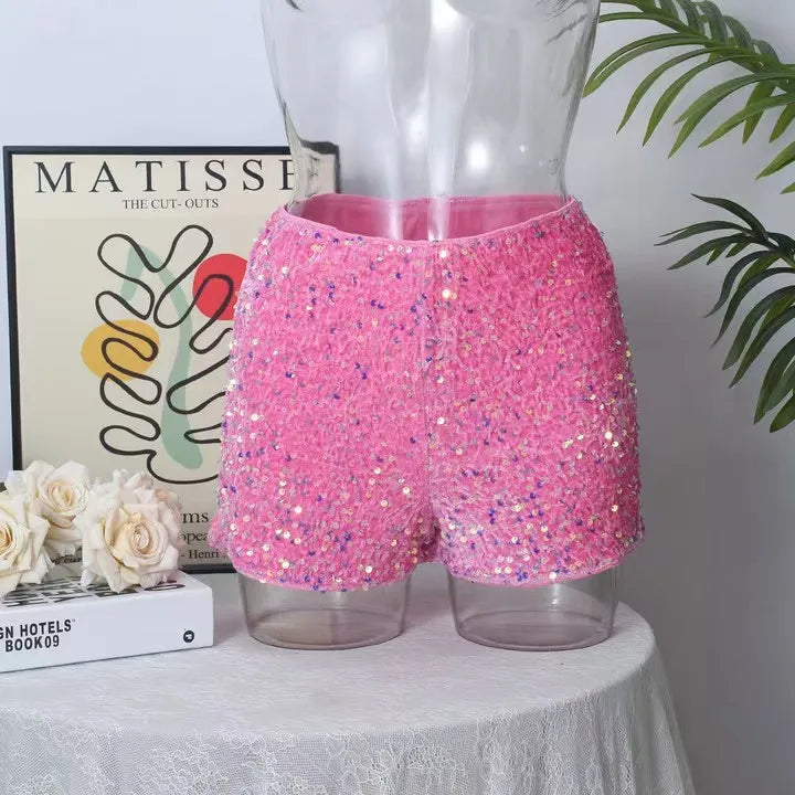 Shorts Women Summer 2025 New Fashion Sparkling Pearl Christmas New Product Leopard Print Elastic Waistband Casual Half Pants