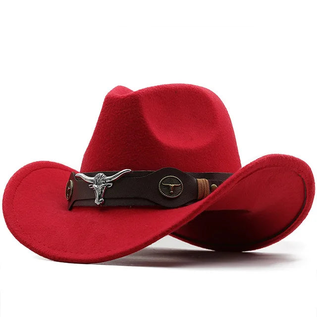 Western Cowboy Hat Roll Brim Cowgirl Cap Cowboy Jazz Fedora Hats Felt Cap with Cow Band for Women Men Children