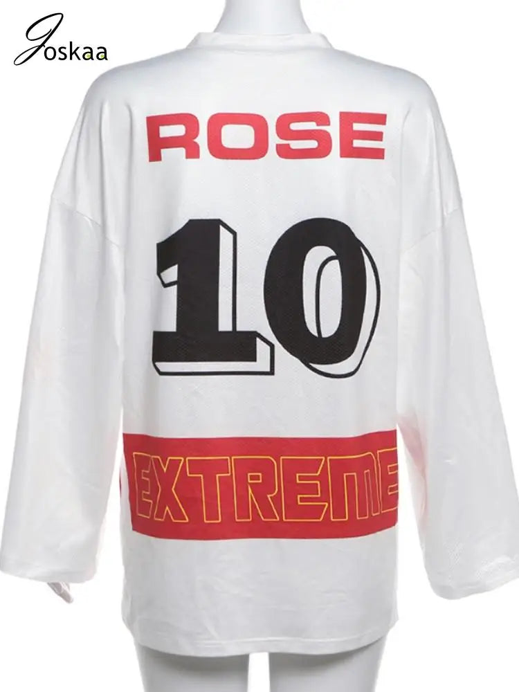 Joskaa Contrast Letter Print Oversized White T-Shirt Women Hipster V-Neck Long Sleeve Loose Top 2024 Comfortable Tees Streetwear