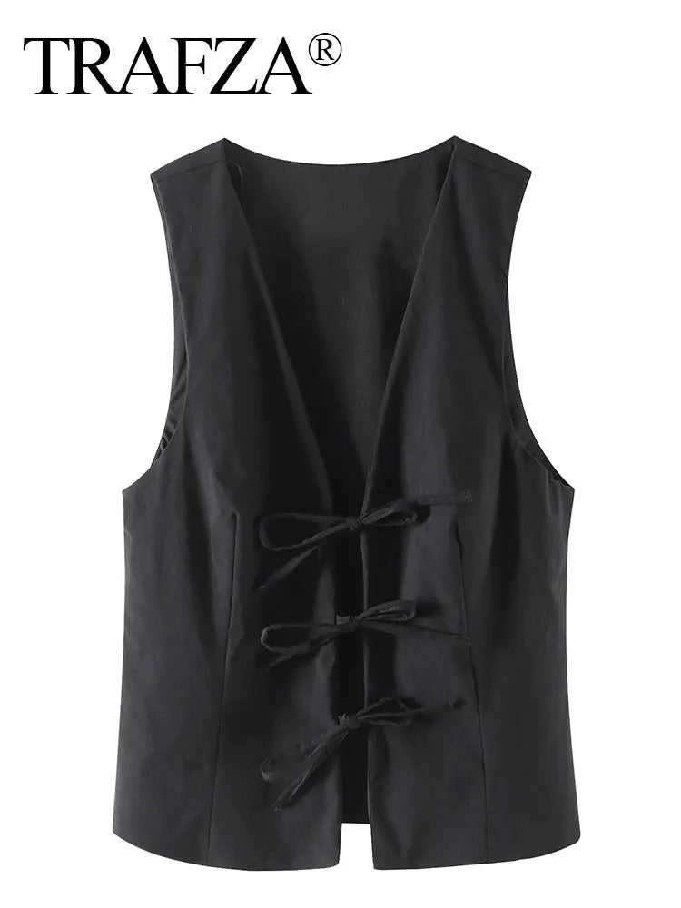 TRAFZA Women Fashion Lace Up Vest V Neck Sleeveless Top Y2k Vintage Solid 2024 Female Summer Sexy Party Tank Tops