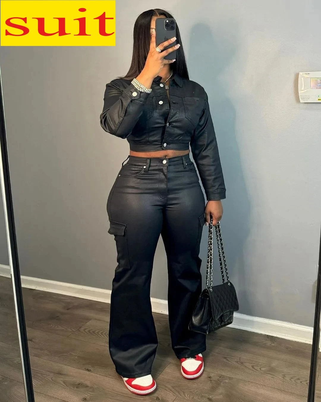 FAGADOER Y2K Punk Leather 2 Piece Sets Women Outfit Fashion Long Sleeve Buttons Crop Jacket And High Waisted Flare Pants Suit