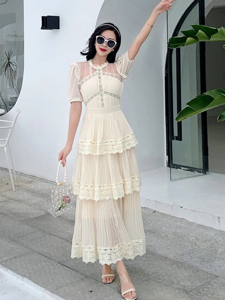 SMTHMA 2025 New Arrival Beige Lace Long Dress High Qulity Luxury Design Runway Dress Short Sleeve Ruffle Summer Dresses Vestidos